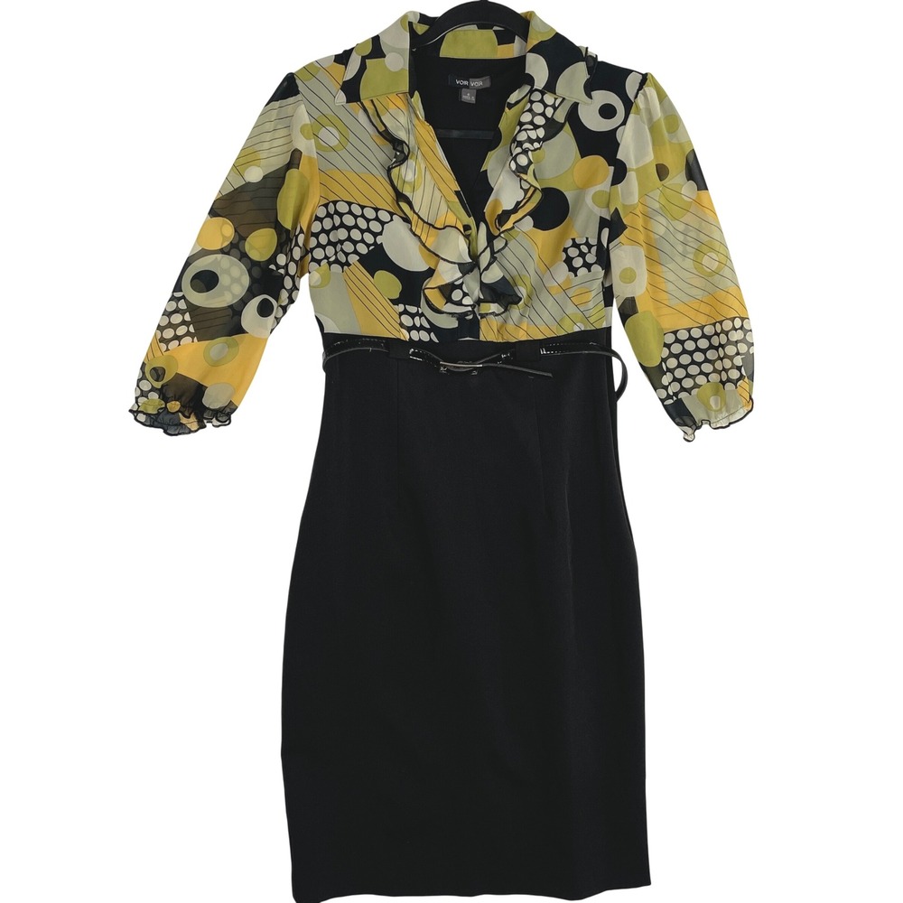 Voir Voir Women's Black Yellow Abstract Print‎ Ruffle Sheath Dress Size 6
